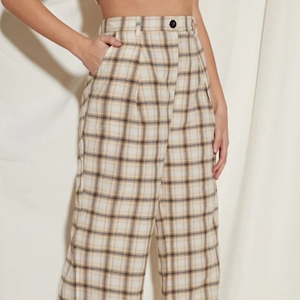 Button Waist Slant Pocket Plaid Wide Leg Pants